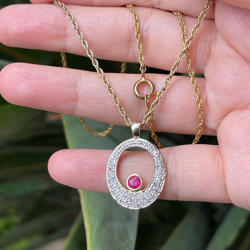 Natural diamond lab grown ruby gold plated sterling silver pendant